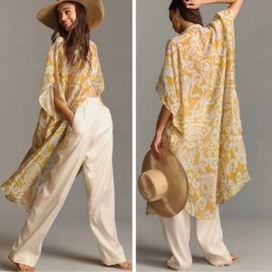 Anthropologie Yellow, light blue and White Leaf Print Shirt dress / kaftan